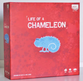 The 'Life of a Chameleon' board game box by LAST NIGHT GAMES features a vibrant red background with a cartoon chameleon illustration. The title is prominently displayed in white and playful font. The box includes age recommendation (12+), duration (45-60 minutes), and number of players (2-4).