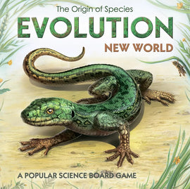 Cover of the board game 'Evolution: New World' by CROWD GAMES, LLC. Features an illustrated green lizard-like creature against a natural backdrop, with the title prominently displayed above and 'A Popular Science Board Game' at the bottom.