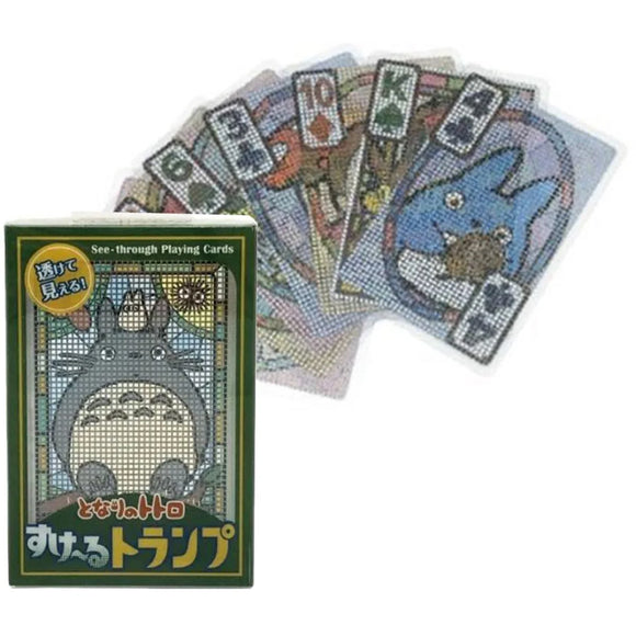 A deck of Transparent Totoro Playing Cards by Ensky, featuring a colorful design with characters from Totoro on the cards. The box showcases the iconic Totoro character, enhancing the whimsical theme of this unique playing card set.