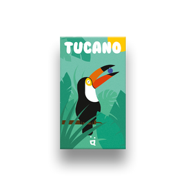 The Tucano game by Helvetiq features a colorful and playful design showcasing a toucan holding a berry perched on a branch, surrounded by tropical foliage. The vibrant colors and cartoonish style make it an inviting game for all ages.