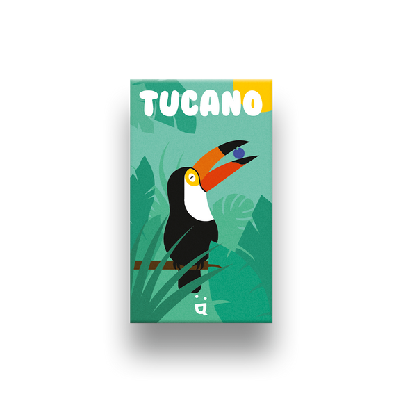 The Tucano game by Helvetiq features a colorful and playful design showcasing a toucan holding a berry perched on a branch, surrounded by tropical foliage. The vibrant colors and cartoonish style make it an inviting game for all ages.