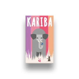 Kariba by Helvetiq, a vibrant game featuring a playful elephant and a small animal. The colorful design includes shades of pink, purple, and orange, highlighting a fun theme suitable for family game nights.