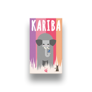 Kariba by Helvetiq, a vibrant game featuring a playful elephant and a small animal. The colorful design includes shades of pink, purple, and orange, highlighting a fun theme suitable for family game nights.