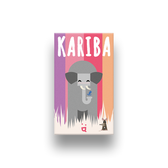 Kariba by Helvetiq, a vibrant game featuring a playful elephant and a small animal. The colorful design includes shades of pink, purple, and orange, highlighting a fun theme suitable for family game nights.