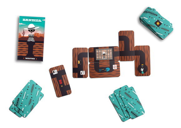 Bandida game by Helvetiq featuring colorful, illustrated cards laid out on a table. The game includes a vibrant box cover with a character in a hat and stripes, alongside various game cards depicting scenarios related to the game theme. The cards have a wooden texture design, with elements like jail cells and tools, perfect for family fun and strategy gameplay.