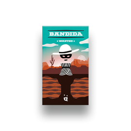 The game Bandida by Helvetiq features a visually striking design with a cartoon-style depiction of a bandit wearing a striped prison uniform and a wide-brimmed hat. The background showcases a desert landscape with cacti and rocky formations. The title 'BANDIDA' is prominently displayed at the top, along with the word 'WANTED'. This engaging and fun game invites players to immerse themselves in a thrilling chase.