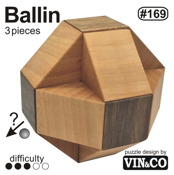 The Ballin mechanical puzzle designed by VINCO features a unique geometric shape made of three interlocking wooden pieces. This puzzle showcases a natural wood finish, combining light and dark tones. It has a difficulty rating of two out of five, making it suitable for puzzlers looking for a moderate challenge. Ideal for enhancing problem-solving skills and providing engaging entertainment.