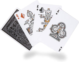 A visually appealing deck of playing cards featuring robot designs. The cards showcase illustration styles that combine technology and fun. The Queen, King, and Ace cards are prominently displayed, each adorned with unique robotic themes, showcasing a modern twist on traditional playing card design.