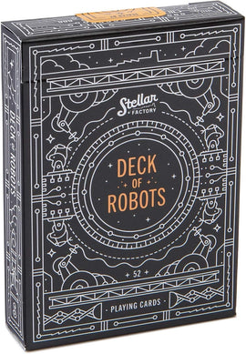 A colorful and creatively designed deck of playing cards titled 'Deck of Robots' by Stellar Factory. The box features intricate robotic illustrations and dazzling graphic elements, and contains 52 playing cards ideal for games with family and friends.