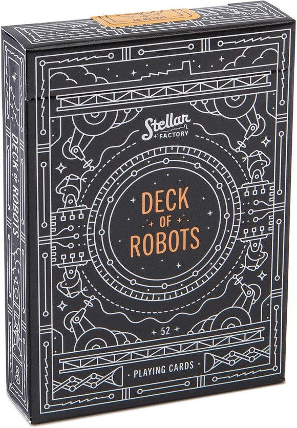 A colorful and creatively designed deck of playing cards titled 'Deck of Robots' by Stellar Factory. The box features intricate robotic illustrations and dazzling graphic elements, and contains 52 playing cards ideal for games with family and friends.