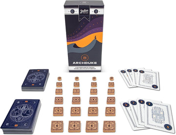 The Archduke game by Stellar Factory features a vibrant box and various game components arranged neatly. Players can see a deck of cards, wooden tokens numbered 1 to 6, and detailed game cards. The game is designed for fast-paced strategy, memory challenges, and includes a hint of sabotage, making it engaging for friends and family alike.