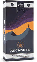 The Archduke game by Stellar Factory features a sleek design with vibrant colors. The packaging showcases an abstract mountain landscape with a character near the peak, hinting at strategy and adventure. Ideal for fans of fast-paced strategy games.