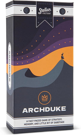 The Archduke game by Stellar Factory features a sleek design with vibrant colors. The packaging showcases an abstract mountain landscape with a character near the peak, hinting at strategy and adventure. Ideal for fans of fast-paced strategy games.