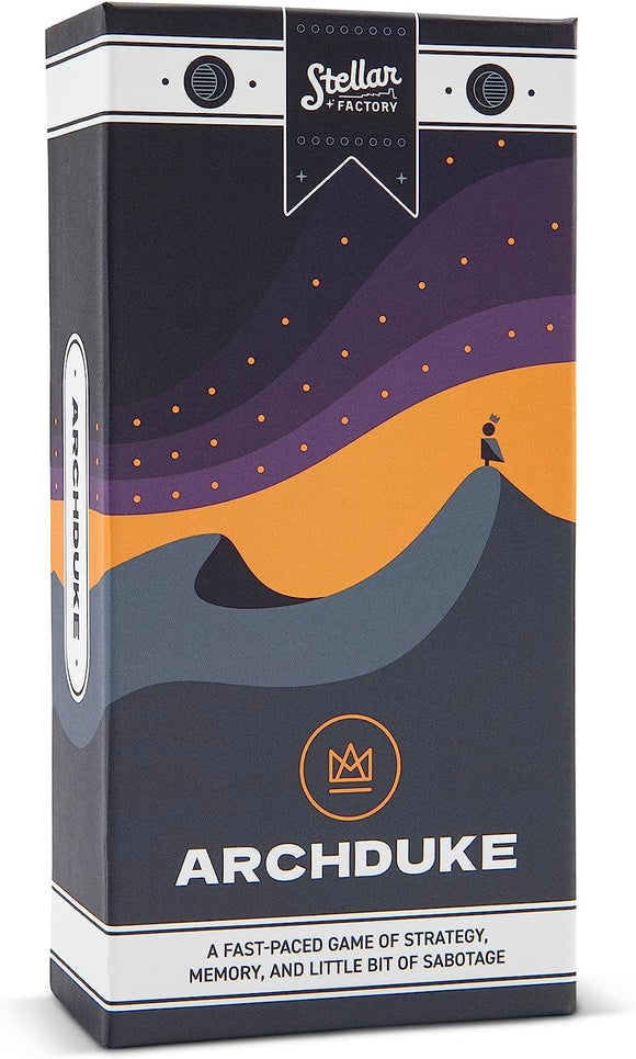 The Archduke game by Stellar Factory features a sleek design with vibrant colors. The packaging showcases an abstract mountain landscape with a character near the peak, hinting at strategy and adventure. Ideal for fans of fast-paced strategy games.