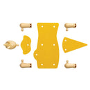 A DIY Triceratops kit from Plan Toys featuring various wooden pieces in light wood and bright yellow. The set includes a dinosaur body, head, and limbs, encouraging imaginative play and creativity for children.