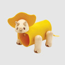 Plan Toys DIY Triceratops kit featuring a colorful, playful design with a yellow body and expressive facial features. The kit includes wooden components for easy assembly, encouraging creativity and hands-on learning for children.