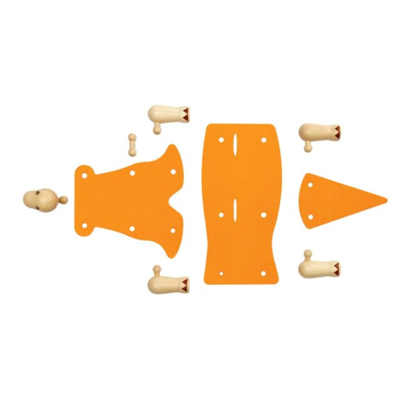 A DIY Brachiosaurus kit from Plan Toys featuring multiple colorful pieces, including an orange base and wooden figures. Ideal for creative hands-on activities, this kit allows children to construct their own dinosaur using safe, eco-friendly materials.