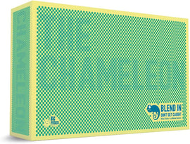 The Chameleon board game by Big Potato Games, featuring a vibrant yellow box adorned with a green checkerboard pattern. The box displays the text 'BLEND IN' and 'DON’T GET CAUGHT', emphasizing the fun and strategic aspects of this engaging social deduction game.