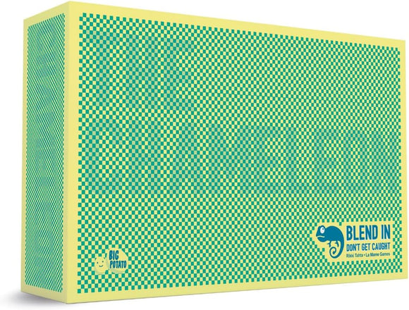 The Chameleon board game by Big Potato Games, featuring a vibrant yellow box adorned with a green checkerboard pattern. The box displays the text 'BLEND IN' and 'DON’T GET CAUGHT', emphasizing the fun and strategic aspects of this engaging social deduction game.
