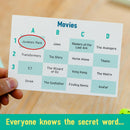 The Chameleon game by Big Potato Games features a card with a list of movie titles, including 'Jurassic Park', highlighted in red. The game encourages players to guess the secret word based on clues provided by others, promoting fun and interactive gameplay.