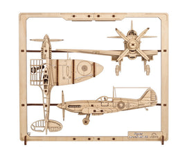 UGears 2.5D Fighter Aircraft DIY kit featuring intricately designed wooden laser-cut pieces representing historical aircraft. Ideal for model building enthusiasts, this kit blends creativity with craftsmanship and is perfect for display or play.