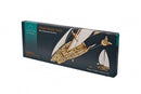 UGears 3D Ocean Beauty Yacht DIY kit packaging showcasing a beautifully designed wooden yacht model. The box features an elegant illustration of the yacht with sails and intricate detailing, highlighting 95 parts made from plywood, showcasing no glue required for assembly.