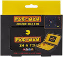 Pac-Man Arcade In a Tin by Fizz Creations Inc. showcases a retro-style gaming tin with a vibrant yellow and black design. The front features the classic Pac-Man logo and iconic ghosts. On the side, there's a glimpse of the tin's contents, including a mini handheld gaming device featuring an 8-bit color display and familiar maze gameplay. Perfect for nostalgic gamers and a fun gift for enthusiasts of arcade games.