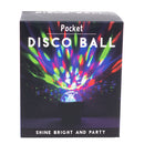 A package of the Pocket Disco Ball by Fizz Creations Inc. The box features vibrant colors and patterns with lights emanating from a small disco ball design. The text on the box reads 'Pocket DISCO BALL' and 'SHINE BRIGHT AND PARTY', suggesting it's a fun accessory for parties and celebrations.