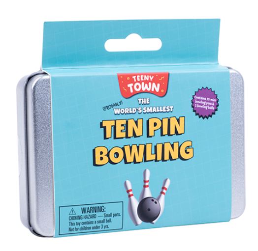 Teeny Town Bowling USA by Fizz Creations Inc. is a miniature bowling game set featuring the world's smallest ten pin bowling. The package showcases a colorful design with a warning label and includes tiny bowling pins and a ball.