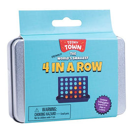 Teeny Town 4 in a Row game by Fizz Creations Inc. packaged in a compact tin. The front of the packaging features colorful graphics with the title, and a small game board depicted below. The game is designed for two players, featuring multi-colored discs to connect four in a row. A warning label indicates choking hazards suitable for ages 3 and up.