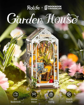 The Garden House DIY Book Nook by Robotime features a detailed miniature scene inside a beautiful glass house. There are plants, cozy furniture, and decorative elements that create a serene atmosphere. This DIY kit is perfect for home decor enthusiasts and makes an ideal gift for anyone who enjoys crafting.