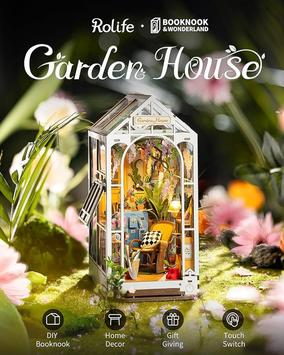 The Garden House DIY Book Nook by Robotime features a detailed miniature scene inside a beautiful glass house. There are plants, cozy furniture, and decorative elements that create a serene atmosphere. This DIY kit is perfect for home decor enthusiasts and makes an ideal gift for anyone who enjoys crafting.