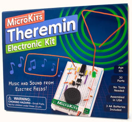 MicroKits Theremin Kit, a DIY electronic kit designed for ages 10 and up. It includes 30 parts and enables users to create music and sound using electric fields. The kit requires no tools for assembly and comes with three AA batteries included.