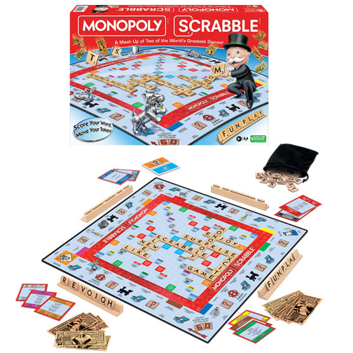 Monopoly Scrabble game by Winning Moves displayed on a table. The image shows the game board featuring a colorful grid with letter tiles, property cards, and player pieces including the iconic Monopoly character. The packaging is visible in the background, depicting a fun design. A black bag containing additional components is also included.