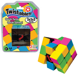 Twistables 3x3x3 mechanical puzzle by Winning Moves. The package displays vibrant colors with a mix of pink, yellow, green, and blue squares, emphasizing its quick-turn feature and suitability for ages 8 and up. The puzzle itself has a unique twistable design for fast solving. Perfect for puzzle enthusiasts looking for a fun and challenging experience.