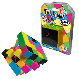 The Twistables 4x4x4 puzzle by Winning Moves displayed in colorful segments. It features a cube design with vibrant colors like pink, green, blue, and yellow, promoting a fun and engaging mechanical challenge. The packaging emphasizes quick turns and easy solves, appealing to puzzle enthusiasts of all ages.