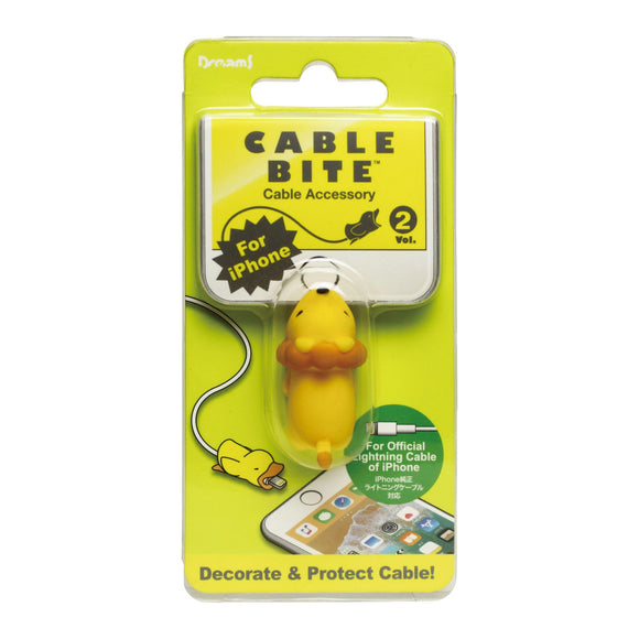 A Cable Bite accessory shaped like a lion, designed for iPhone charging cables. The packaging features a bright yellow background with a playful lion design and text indicating its function. The product helps to protect and decorate charging cables.