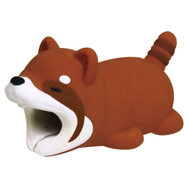 A Cable Bite featuring a cute red panda design, made from durable rubber material. It serves as a protective cover for charging cables, preventing wear and tear. The red panda is depicted with a playful expression, lying on its belly with its mouth open, adding a whimsical touch to your Apple iPhone charging experience.