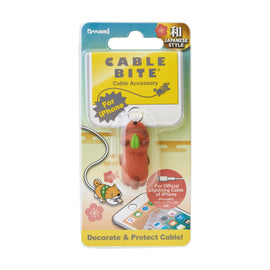 A Cable Bite accessory in the shape of a raccoon dog, designed for iPhone cables. The packaging features vibrant colors and graphics, emphasizing its decorative and protective function for charging cables.