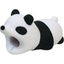 A cute USB-C cable bite in the shape of a panda, featuring a playful design with a white body and black stripes, designed to protect cables from fraying and adding a fun touch to any tech setup.