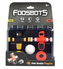 Foosbots 2-pack game by Fat Brain features two colorful action figures, a ball, and various components for an interactive tabletop foosball experience. Ideal for ages 6 and up, this game encourages skill building and fun with friends and family.