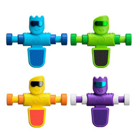 Foosbots Single Assortment by Fat Brain featuring four colorful foosball-shaped characters in blue, green, orange, and purple, each with a playful smiling face and unique designs, ideal for interactive gameplay.