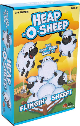 Heap-O-Sheep game by Fat Brain, featuring cartoonish sheep on the box cover. The colorful design highlights the playful nature of the game aimed at 2-4 players aged 5 and up. The slogan reads, 'The high-flying game of flingin' sheep!' with a fun, engaging theme.