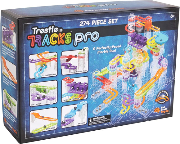 The Trestle Tracks Pro is a colorful marble run DIY kit with 274 pieces. Its vibrant parts include twists, turns, and various mechanisms like a combinator and a ski jump. Ideal for ages 8 and up, it encourages creativity and STEM learning through building and experimentation.