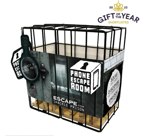Phone Escape Shackle Prison mechanical puzzle by BOxer, featuring a metal cage design and interactive elements encouraging players to solve clues and discover hidden codes to escape.