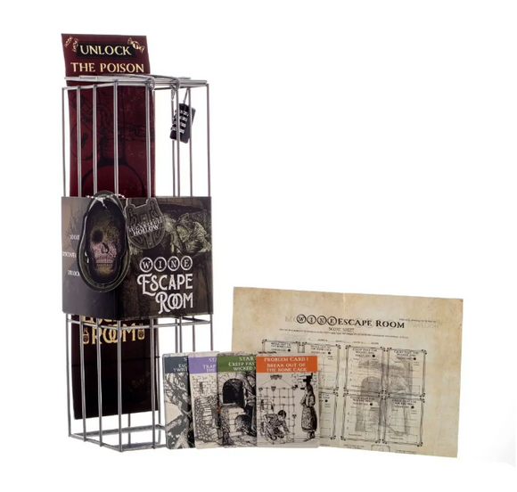 Wine Escape Sugarskull Hollow Mechanical Puzzle by Boxer, presented in a captivating skull-themed design, includes cards and a score sheet for a fun escape room experience.