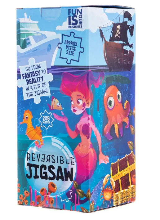 The Ocean Creatures Reversible Jigsaw by Boxer features colorful artwork depicting underwater life and a pirate ship. The box displays the jigsaw's fantasy and reality themes, along with logos and piece count information. This puzzle invites you to explore vibrant ocean scenes and is designed for engaging fun.