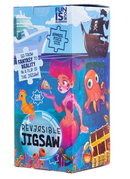 The Ocean Creatures Reversible Jigsaw by Boxer features colorful artwork depicting underwater life and a pirate ship. The box displays the jigsaw's fantasy and reality themes, along with logos and piece count information. This puzzle invites you to explore vibrant ocean scenes and is designed for engaging fun.