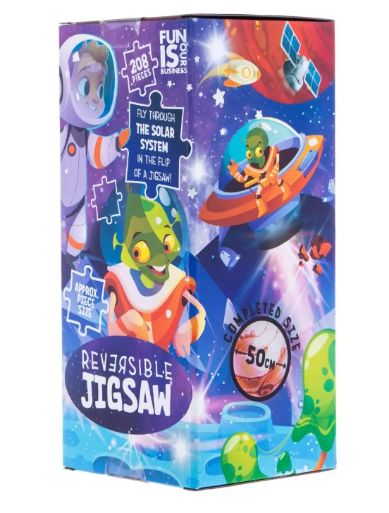 Outer Space Reversible Jigsaw by Boxer features a vibrant box design showcasing astronauts and aliens in a colorful solar system theme. The jigsaw puzzle includes 208 pieces and has a completed size of 50cm. It encourages creative play while exploring outer space.