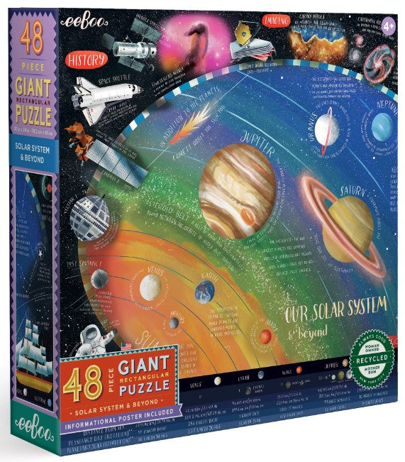 Eeboo Solar System & Beyond jigsaw puzzle featuring a colorful illustration of planets in the solar system, with educational labels and an informational poster included. The puzzle has 48 large pieces, ideal for children ages 4 and up.